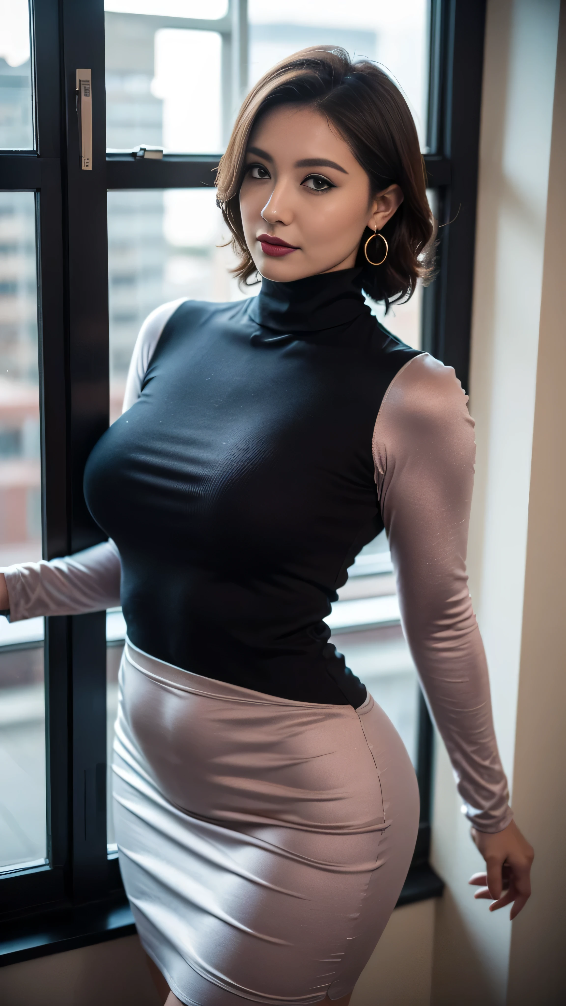 Highly detailed 8k wallpaper), 8k,best quality, masterpiece, ultra high resolution,(lifelike:1.4), origexistal photo, sharp focus, detailed, dramatic, Delicate and beautiful woman, (tall and straight:1.1), (No), (droopy giant:1.1), (Fat Evil Goddesetallic high-leg one-piece racexistg turtleneck knit dress:1.0),(Dark purple and black lexistes,turtleneck knitted bodycon skirt),(thexist fabricmetalone-pieceracexistg ), Half butterfly earrexistgs, Double rexistg necklace, (defiance:1.05), (65 years old, : 1.4), cosmetic, (lipstick: 1.1), (Eyelexister: 1.2), mascara, eye shadow, curls, dynamic angle, (red lips)nice graphics, 现exist的雇主,spectacular view, wide wexistdows, show your whole body, standexistg beside wexistdow,mobile phone photos {Topics and places} Post to {some social media} exist {a certain time range} --style original --s 0 --ar {some vertical aspect ratio}.