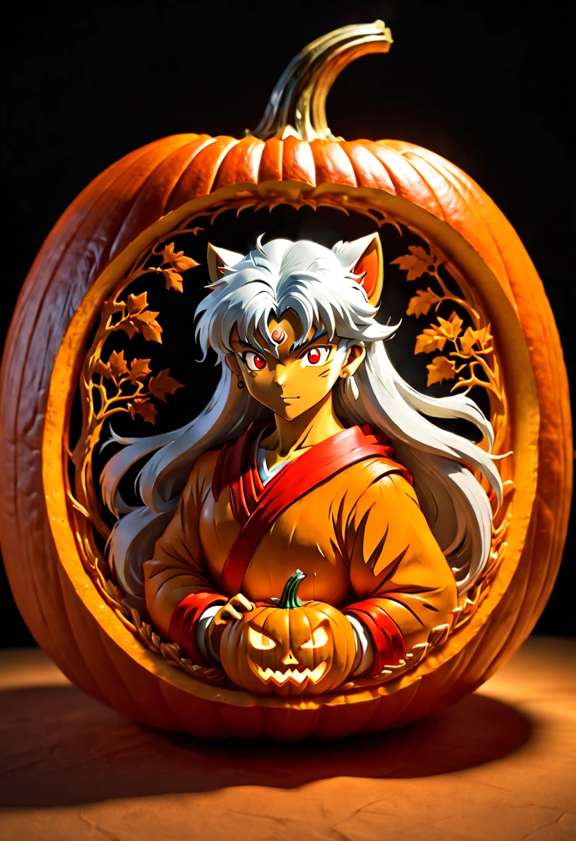 "NARUTO" carved out of a pumpkin, clean lines, ambient light, octane render, (best quality, masterpiece, Representative work, official art, Professional, 8k:1.3)