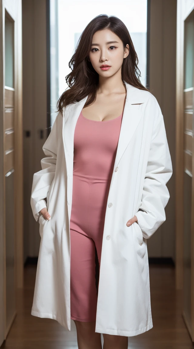 wearing a white coat, doctor, doctor’s coat,doctorの白衣,(doctor), wearing a white coat, medical doctor,open chest、Be braless、my nipples are erect、 ,A woman with the same face as last time(misaki),4K、1people's women、slender、 Loose wavy styling 、seductive and attractive、full body shot,Including face and skin texture,detailed eyes、a seductive look