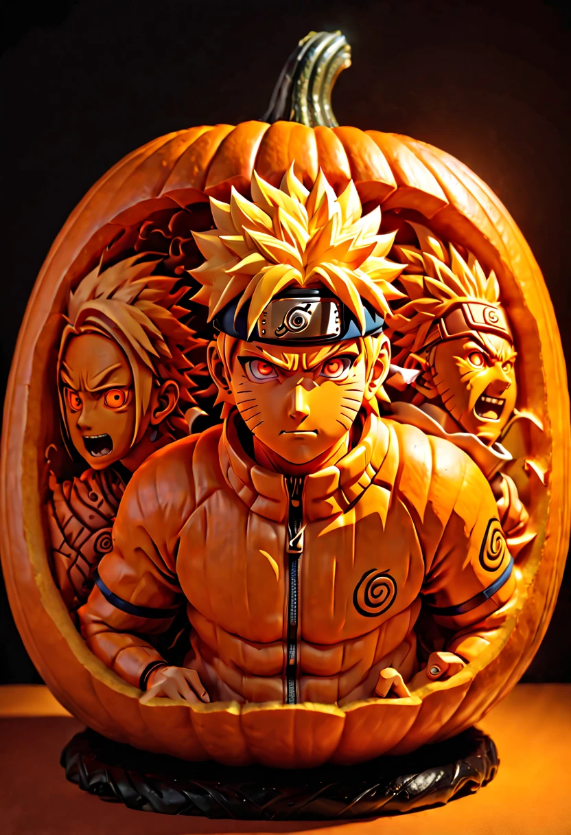 "NARUTO" carved out of a pumpkin, clean lines, ambient light, octane render, (best quality, masterpiece, Representative work, official art, Professional, 8k:1.3)