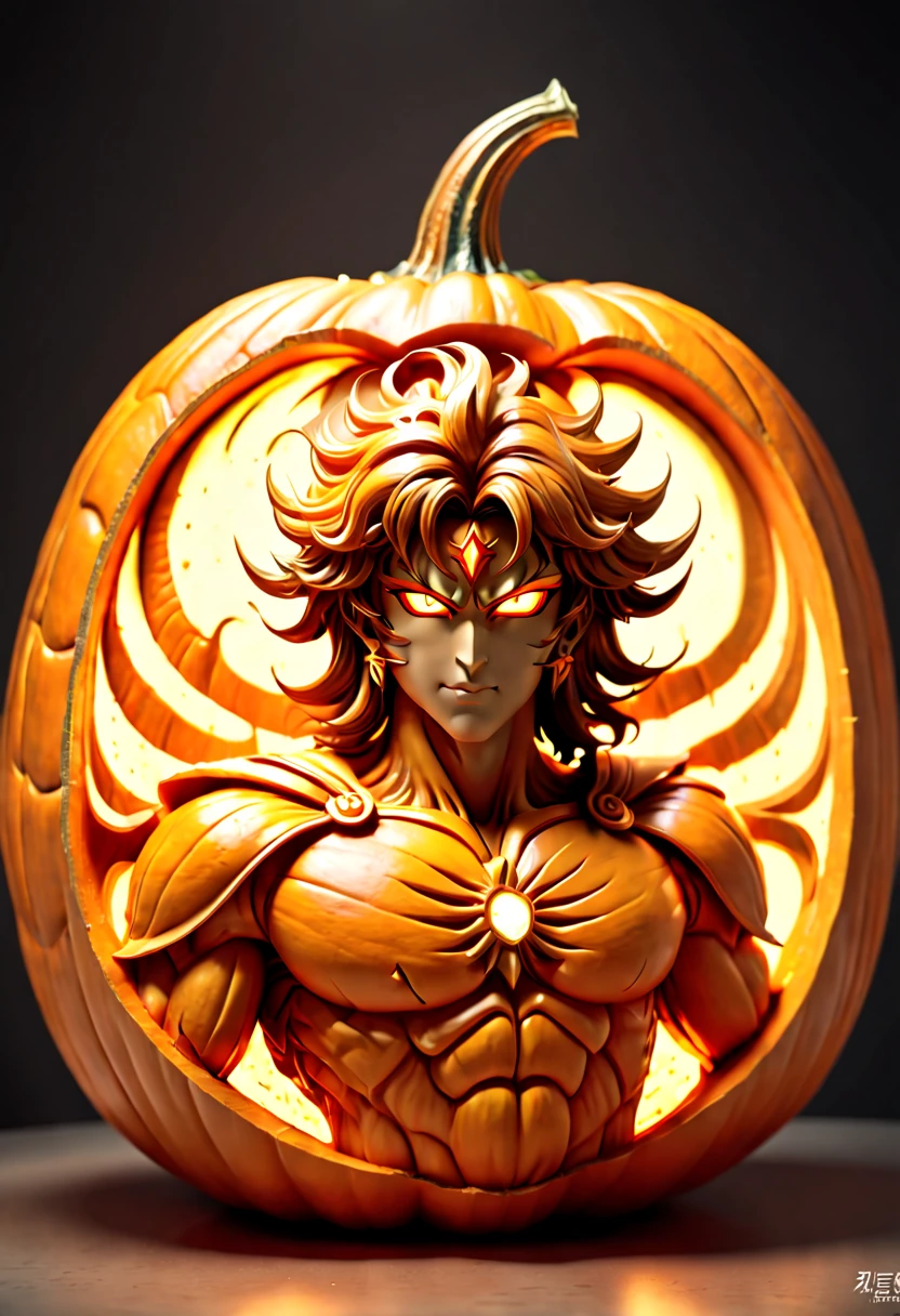 "Saint Seiya" carved out of a pumpkin, clean lines, ambient light, octane render, (best quality, masterpiece, Representative work, official art, Professional, 8k:1.3)