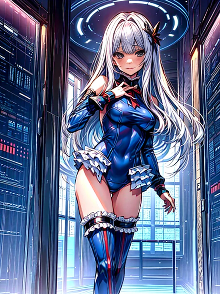 1 girl, ( (Digital) ( ), frilled swimsuit,
thighhighs,
detached sleeves,
marierose,
,1 girl,,,(Inside the futuristic base:1.2)