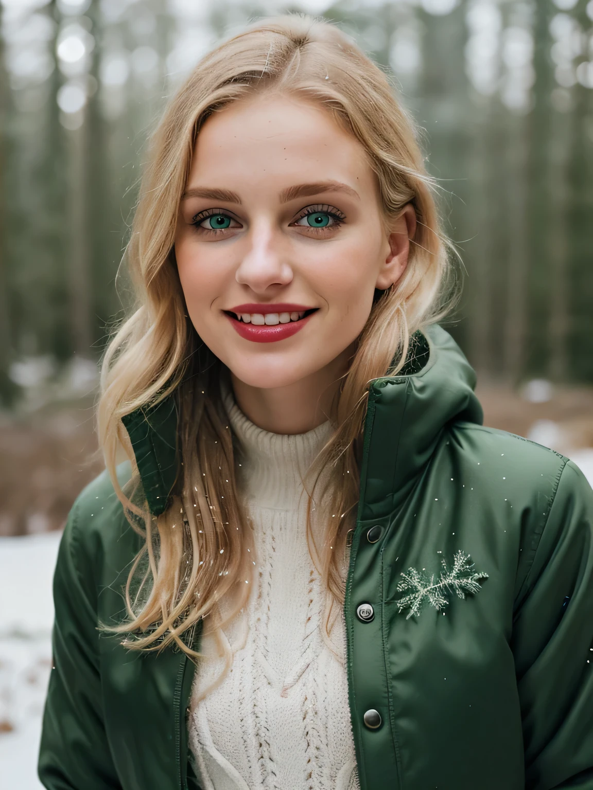 Photograph of a stunning 23 year old girl , wearing a nice sweater with a green winter jacket ,European face, blondes Haar ,in einem detaillierten Wald mit Schnee im Hintergrund(Meisterwerk), best quality, high resolution, extremely detailed background, Haut mit Poren, , Kinobeleuchtung abgeschlossen, happy face, beautiful smile without teeth, with a decent red lipstick
