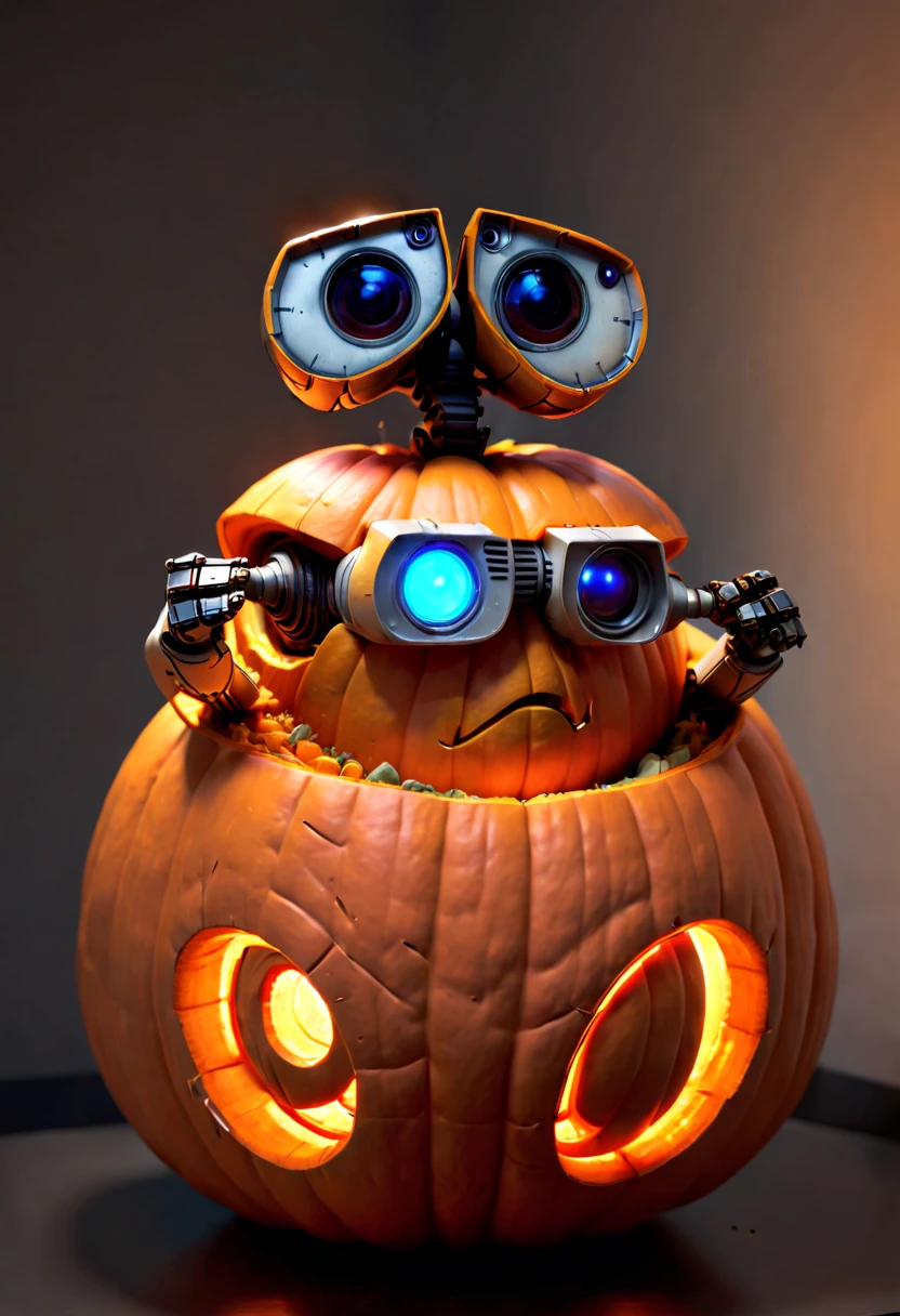 Pumpkin Carving design style, Museum Exhibition Work, Mecha by Katsuhiro Otomo and Yoji Shinkawa Carved on Pumpkin, full body, octane render, (best quality, masterpiece, Representative work, official art, Professional, 8k:1.3)