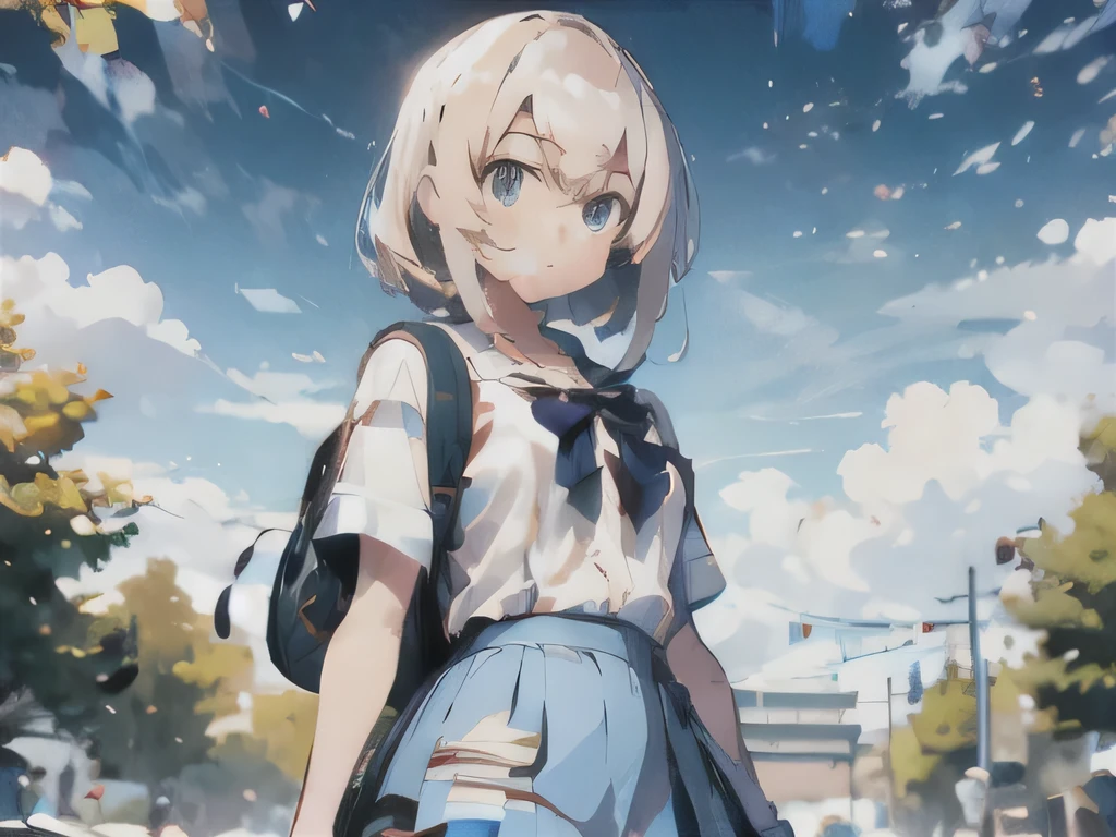 highest quality,pixiv,cozy animation scene, school uniform、white blouse、girl、high school、landscape、walk、anime style、whole body、bob、whole body、cute、rucksack、walk、Overall view、navy blue skirt、clear eyes、Black blouse、blue sky、universe、nature、wood、leaf、fresh、youth