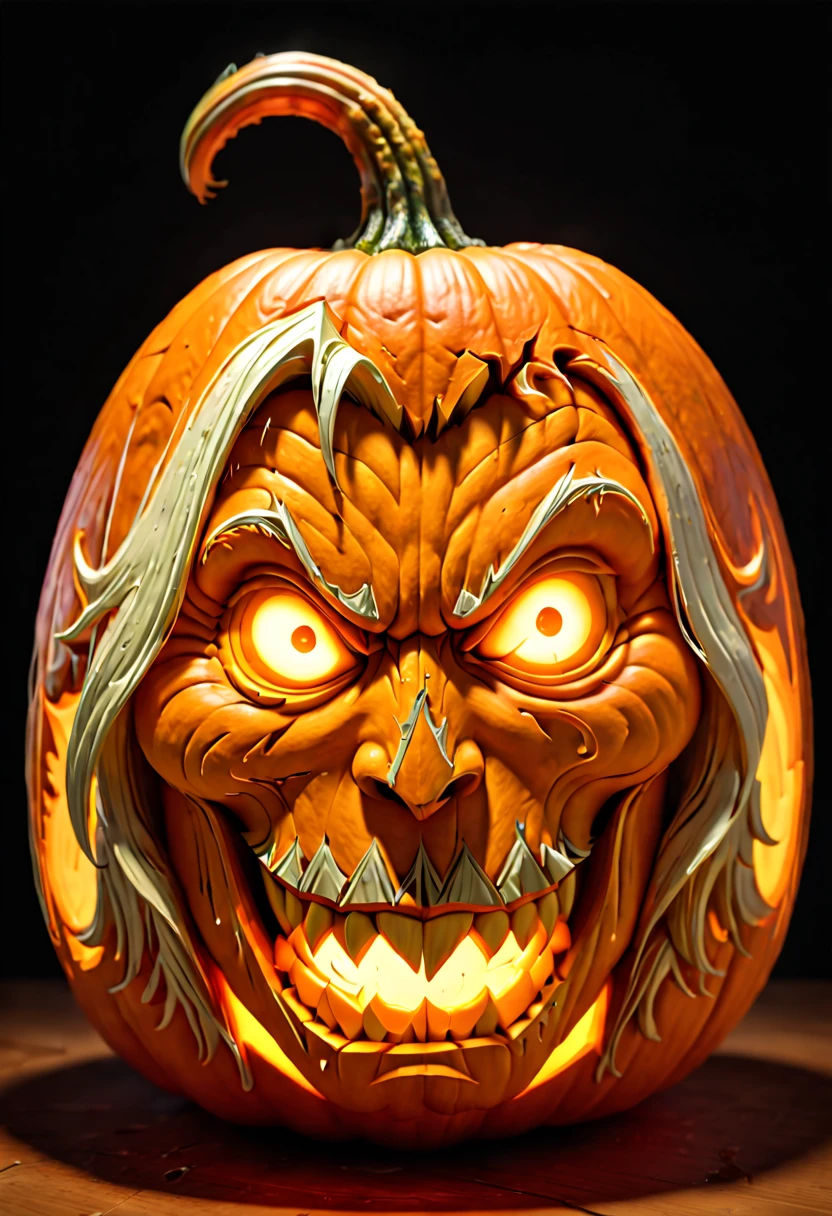 Pumpkin Carving design style, Museum Exhibition Work, Mecha by Katsuhiro Otomo and Yoji Shinkawa Carved on Pumpkin, full body, octane render, (best quality, masterpiece, Representative work, official art, Professional, 8k:1.3)