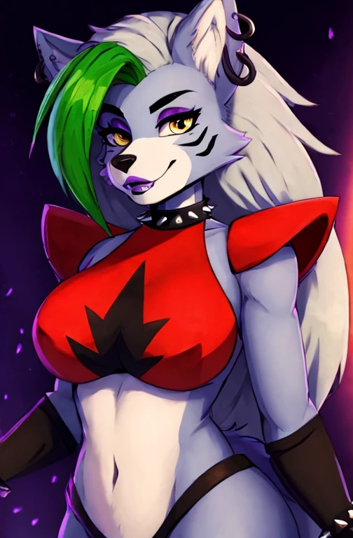 fnafroxanne, furry female, body fur, makeup, wolf ears, wolf tail, crop top, big breasts, purple lipstick, collar, spikes, jewelry, ear piercing, bracelet, yellow eyes, detailed eyes, 3DMM, gray hair, green hair, make sure to look for a roxanne model, naked boobs