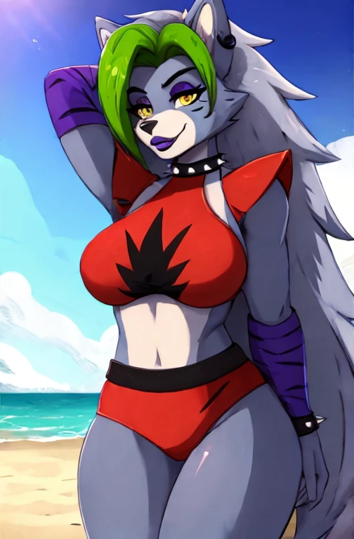 fnafroxanne, furry female, body fur, makeup, wolf ears, wolf tail, crop top, big breasts, purple lipstick, collar, spikes, jewelry, ear piercing, bracelet, yellow eyes, detailed eyes, 3DMM, gray hair, green hair, make sure to look for a roxanne model, naked boobs