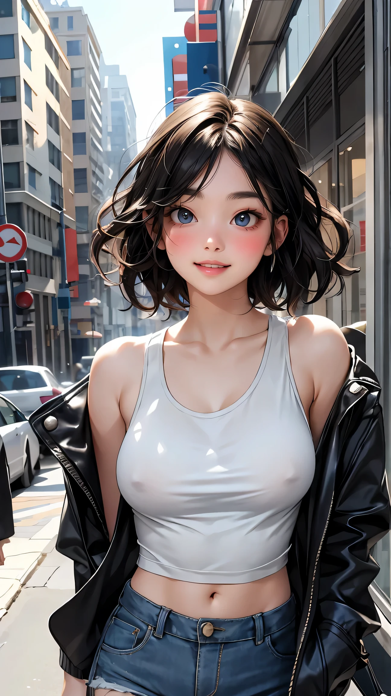 best quality, portrait, woman, solo, big city, perfect body, nice breasts, short wavy hair, tank top, jacket, cutoffs, walking pose, natural light, vibrant, chic