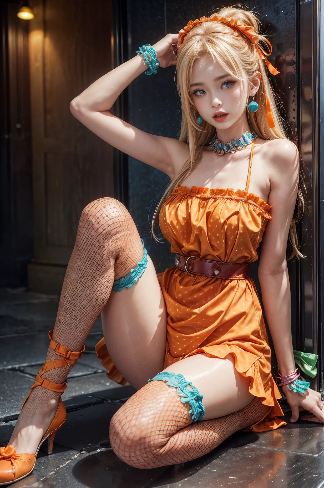 (front focus、perfect anatomy:1.5)、(Super detailed、16k quality、immature、real skin: 1.6)、hyper realist、Photoreal.cinematic lighting、highly detailed face、1 beautiful thai girl、 （ beautiful half Thai/Japanese girl、24-years-old、laugh together:1.3）（blonde and gold hair color、big slit eyes、eye shadow、eyeliner、blue eye:1.5）blonde、（Gradient color with bright hair tips:1.2）long flashy gal makeup、cat ear headband（unbalanced chest、big boobs:1.4）sunburn、eyeliner、red lip. BREAK、（Glittering concert hall、Live venue:1.3）
BREAK (highly saturated (orange, tangerine) and green theme:1.4), (tone on tone:1.3), (wearing tangerine [[crochet]] hat:1.4), (green ribbon:1.4), (sleeveless (orange:1.1) and (white:0.7) [polka dot pattern] sundress:1.4), (bare shoulders:1.3), (suspenders with ruffles:1.2), (green belt with ribbon:1.3), (orange tiered skirt with ruffles:1.latform HIGH boots:1.1), (green ribbon on head:1.3),（Green beret:1.2）
BREAK (fishnet stockings:1.3), (earrings shape of mandarin oranges:1.2)、full body、