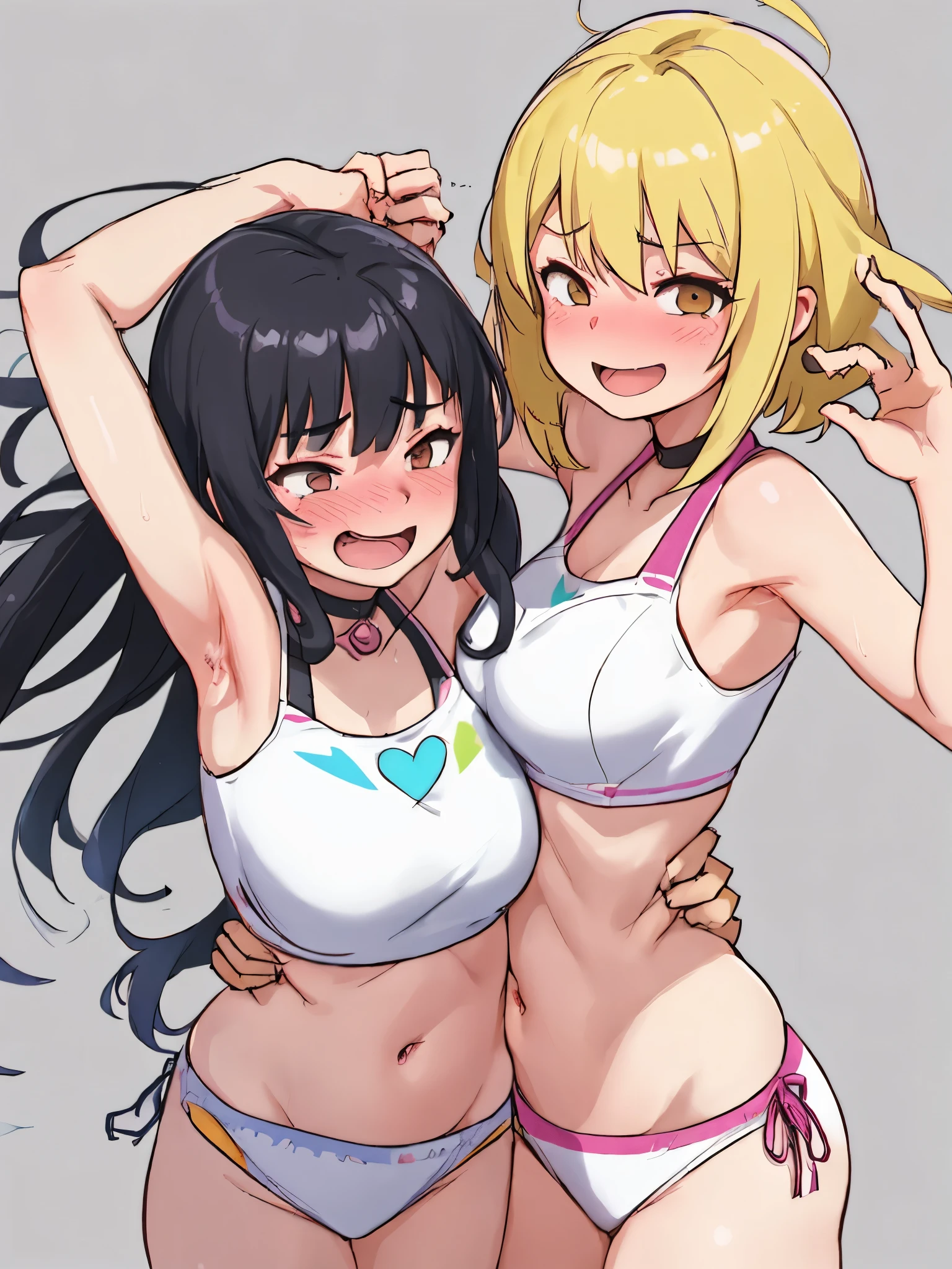 2girl, multiple girls, couple, smile, laughing, standing, armpits, grabbing from behind, tickling, tkl, simple background