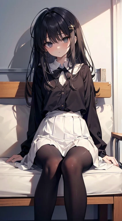 finest, masterpiece, High resolution, (whole body), front, symmetry, Mature Schoolgirl, alone, (whole body from head to toe), small breasts, long hair, slightly messy hair, (black tight pantyhose), black pantyhose, (Composition of sitting with legs raised and legs apart), (tied arms, turn your arms behind your back), composition show me your white panties, slender beautiful legs, very beautiful  girl (not wearing shoes) Soothe your legs, shy big eyes, messy hair, looking at camera, show me your white panties, White ruffled lingerie, In underwear,black hair,upright