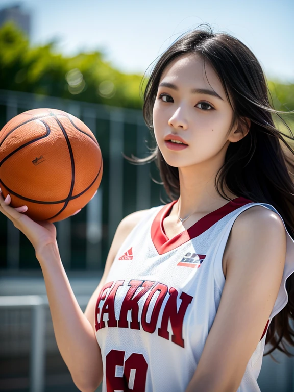 (RAW photos, 4K, masterpiece, high resolution, Extremely complex) (Practical: 1.4), Light and delicate girl facial features 1 girl, Single focus, Summer Noon, hot, 1990s\(style\), White skin, ), (best quality), (high resolution), (Extremely refined),,(Beautiful 8k face),(Brown eyes),(ulzzang-6500:1.0),(solitary),( looking side),(audience),(nba),Finish,,lookside,(side), ,(Basketball sportswear),((play basketball)),((Gym)),((speed)),(Reality),