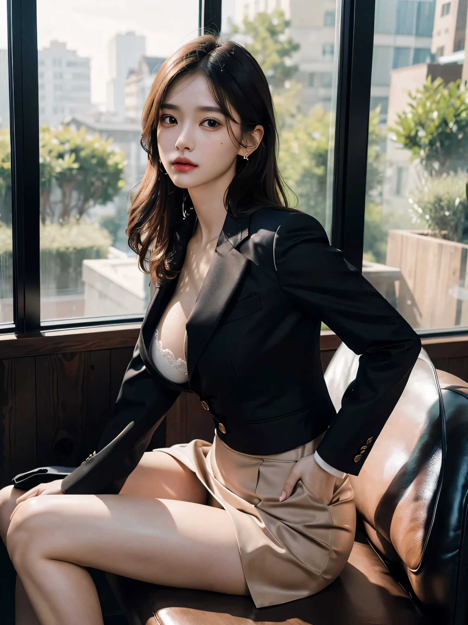 disorganized, RAW photo, very delicate and beautiful, masterpiece, highest quality, ultra high resolution, 16k, surreal, super detailed, perfect anatomy, super dense skin, perfect figure, Highly detailed CG 8k wallpaper, 20's, very slim body, tight waist, very small head, very small face, delicate features, tearful mole, mole on chest, earrings, thin legs, ((very huge round breasts)), full body shot, short middle hair, wavy hair, suit, blazer, blouse, skirt,