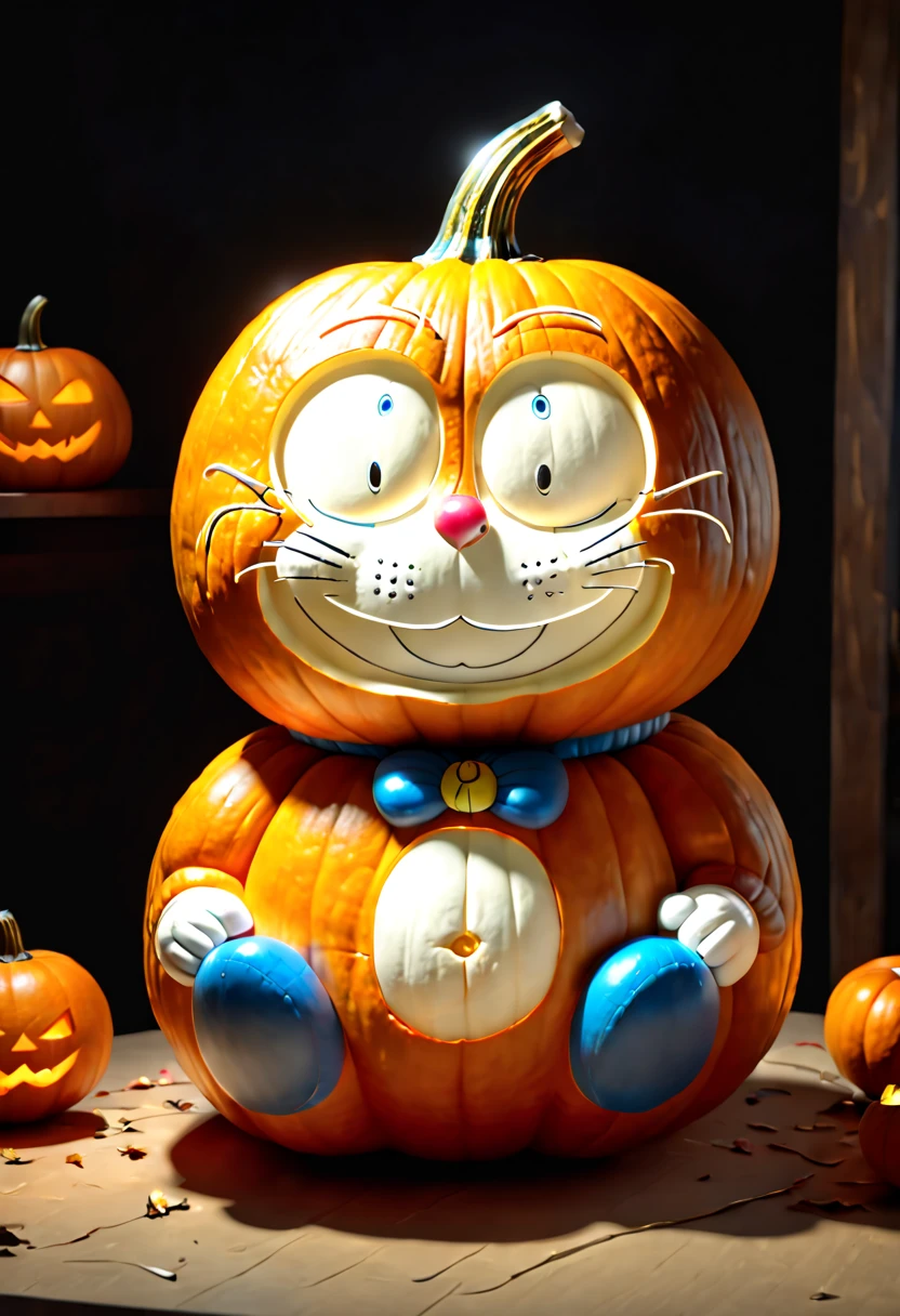 Pumpkin Carving design style, Museum Exhibition Work, Mecha by Katsuhiro Otomo and Yoji Shinkawa Carved on Pumpkin, full body, octane render, (best quality, masterpiece, Representative work, official art, Professional, 8k:1.3)