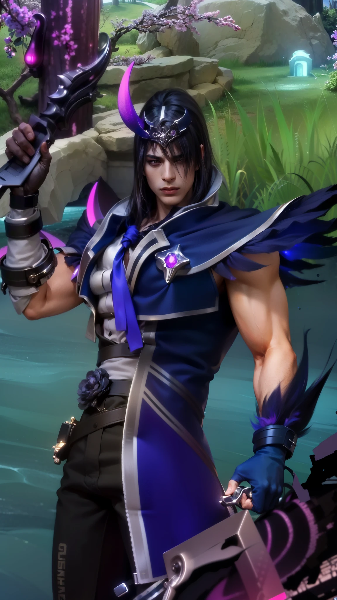 masculine male, masterpiece, ((perfect eyeest quality, (semirealism:1.9), beautiful lighting, (extremely detailed CG unity 4k fhd wallpaper), High Detail, Sharp focus, dramatic outdoors, 1 boy ,19 years old, black hair, light purpel eyes.