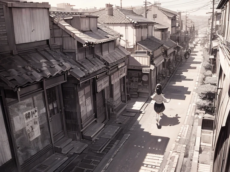 manga style, comic, screen tone, a old street from top view, more colorful,