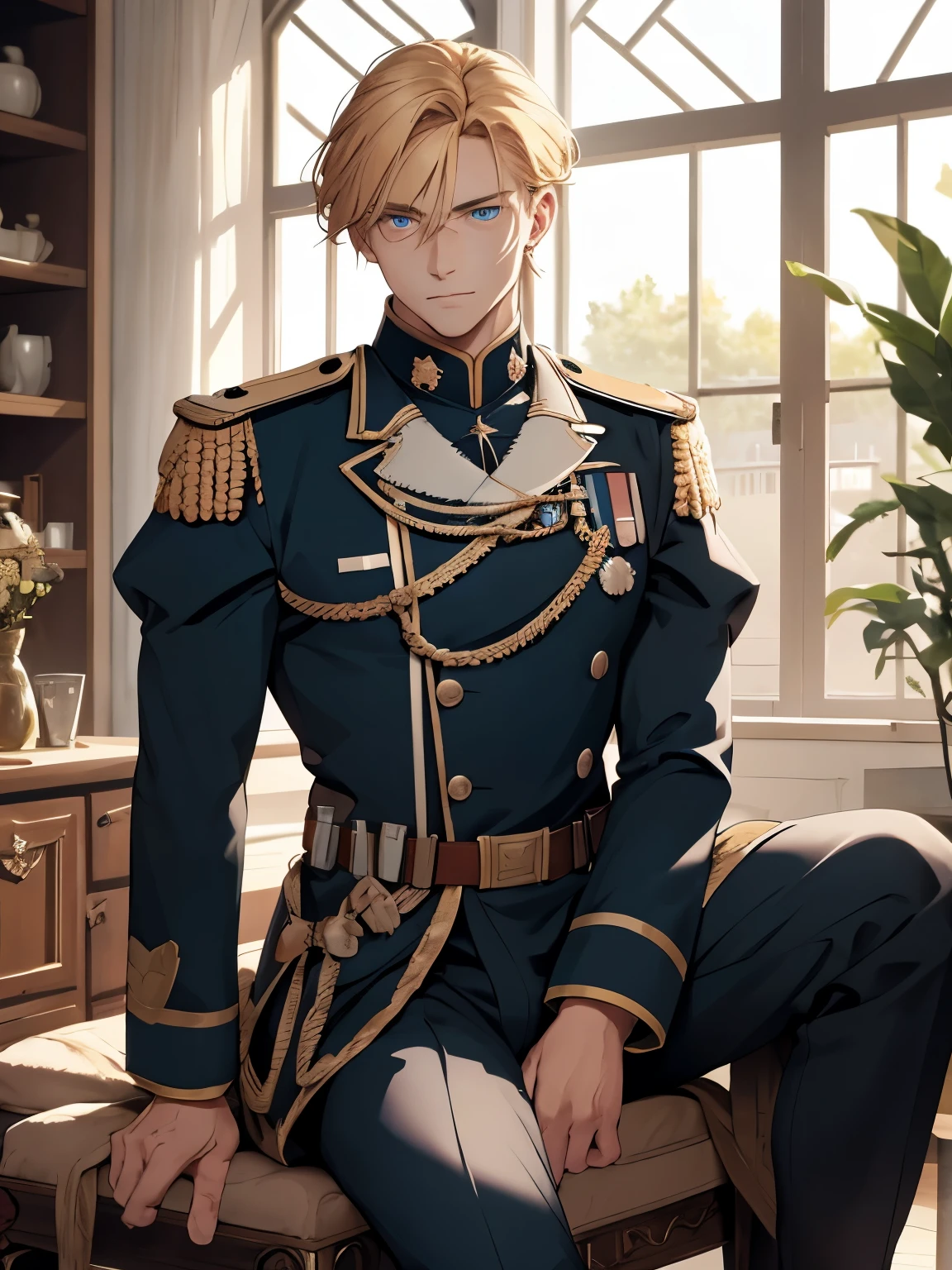 Strong german man in uniform sitting on brown stool with blond hair and blue eyes he looks very handsome and manly
