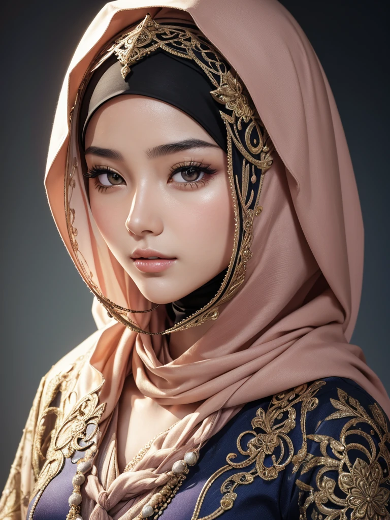 .masterpiece:1.2, highest quality), realistic, (real image, intricate details, Depth of bounds written), (1 girl, alone), compensate, parted lips, very detailed, perfect face, (skin dents), Shiny coral lips, (Girl in a full hijab, Islamic clothing), blush, thunderbolt baal (General Raiden) From Genshin Impact,very detailed手,