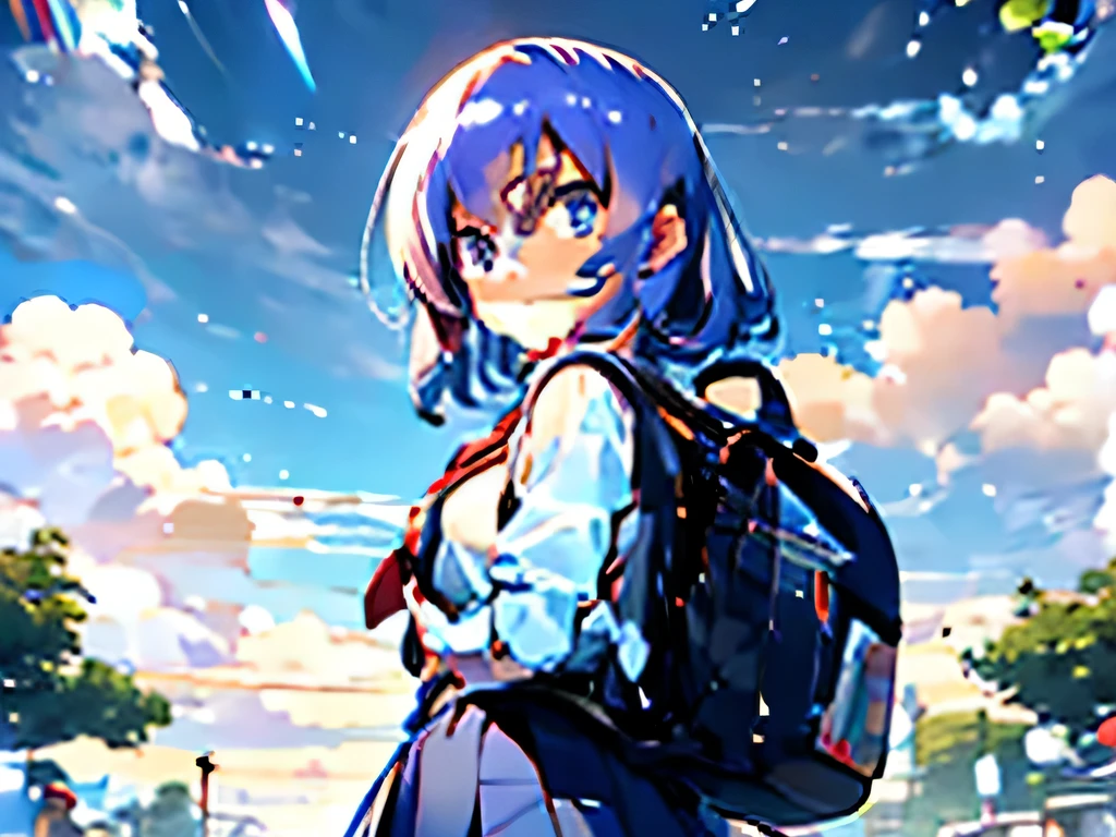 highest quality,pixiv,cozy animation scene, school uniform、white blouse、girl、high school、landscape、walk、anime style、whole body、bob、whole body、cute、rucksack、walk、Overall view、navy blue skirt、clear eyes、Black blouse、blue sky、universe、nature、wood、leaf、Fresh、youth、Fresh eyes