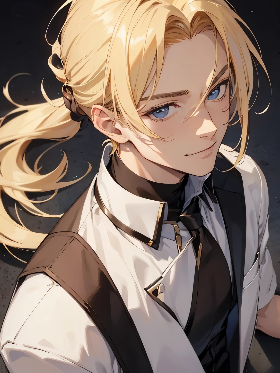 ((best quality)), ((muste piece)), perfect face,((1 male)),solo,20代の男性,Handsome guy,dynamic angle,adult,blonde,tied hair,smile,ponytail,Bangs,