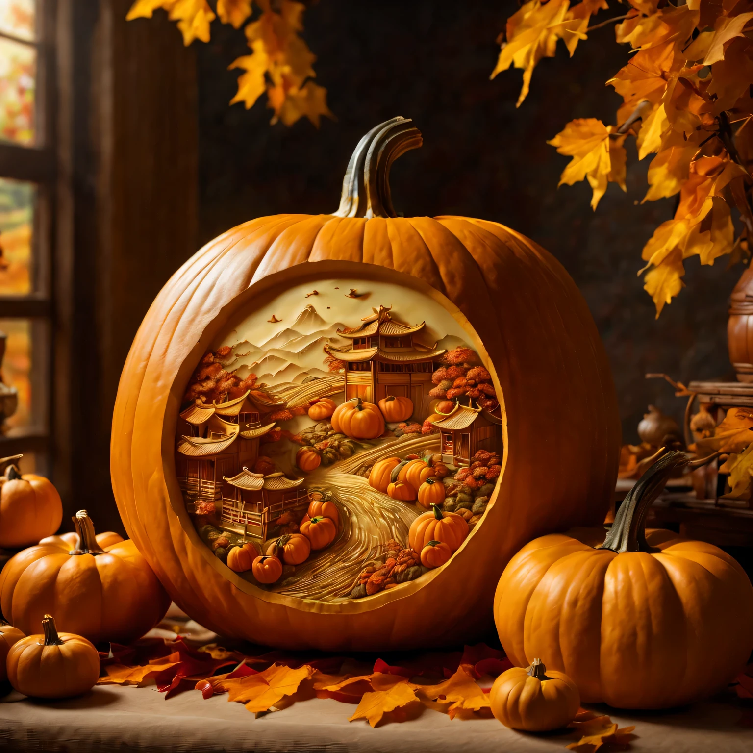 (best quality,4K,8k,high resolution,masterpiece:1.2),Super detailed,(actual,photoactual,photo-actual:1.37),Carving a Chinese pastoral scene on a pumpkin,close to the camera,in the center of the screen,Soft sunlight casts a warm golden glow over the scene,A harmonious blend of warm and cool colors,