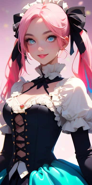 (pink hair,colorful fluorescence multicolored hair:1.5,short twintails:1.5), (masterpiece, sidelights, exquisite beautiful eyes: 1.5), masterpieceportrait, realistic, ((gothic horror background:1.5)),(Gentle face:1.5),colorful,3D face,(cute face),front view: 1.6、 (glowing red eyes:1.2),(tareme:1.5)、(cute smile:1.5),((blue lips:1.2)),Slim Body, shiny hair, shiny skin: 1.5、medium breasts,、solo,(stand)、(ta dress:1.5)、(charactor focus:1.5、portlate、eye focus,cowboy shot)、bright atmosphere,intricatedetails