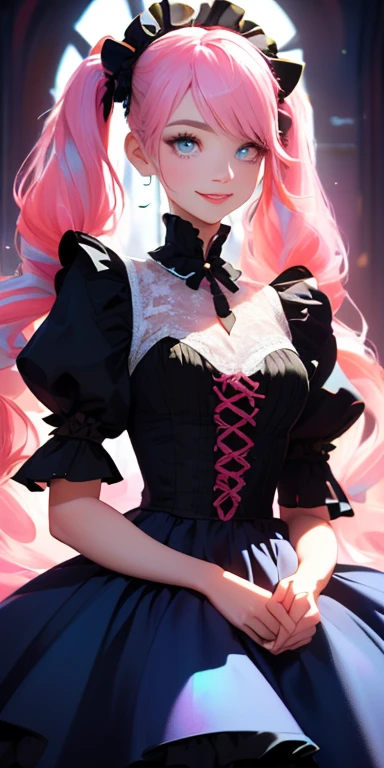 (pink hair,colorful fluorescence multicolored hair:1.5,short twintails:1.5), (masterpiece, sidelights, exquisite beautiful eyes: 1.5), masterpiece*portrait, realistic, ((gothic horror background:1.5)),(Gentle face:1.5),colorful,3D face,(cute face),front view: 1.6、 (glowing red eyes:1.2),(tareme:1.5)、(cute smile:1.5),((blue lips:1.2)),Slim Body, shiny hair, shiny skin: 1.5、medium breasts,、solo,(stand)、(lolita dress:1.5)、(charactor focus:1.5、portlate、eye focus,cowboy shot)、bright atmosphere,intricatedetails