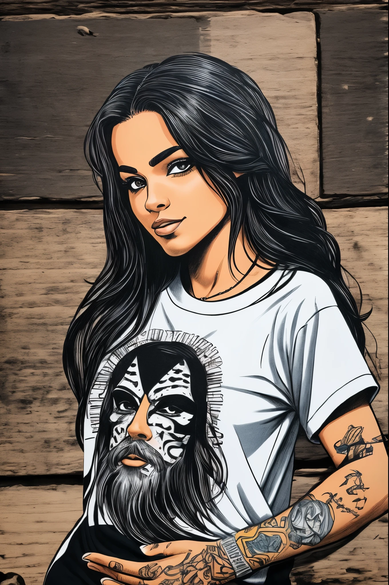 foto realista PERFIL DO PERSONAGEM. illustration. Uma mulher negra, Sobrepeso, Cabelo preto, non-muscular, sorridente. T-shirt with rock and roll illustration. ElA is a nerd and her hands are well designed. PERSONAGEM mOSTRAR corpo inteiro. ElA SEGURANDO uma GUITARRA VELHA. wearing pants, Camiseta punk, all star sneakers and the illustration done in comic art. arte conceitual, arte conceitual, UHD --auto --s2
