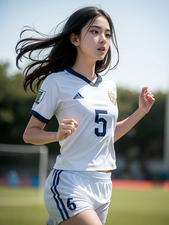 (8K, highest quality, masterpiece: 1.2), (realistic, realistic: 1.37), Super detailed, highest quality, ultra high resolution, professional lighting, photon mapping, radio city, Physically based rendering, cinematic lighting , soccer goals, Depth of bounds written, concentrated, Light of the sun, good composition, (Bokeh: 1.2), 1 girl, (whole body), (closed mouth), beautiful eyes, Pause, narrow, Soccer Uniforms,black hair , messy hair, Long hair fluttering in the wind,(Ulzzang-6500:1.2) mix 4, hiqcgbody,shoot,dribble,Running、Beautiful foam、Uplifting、wipe sweat、goalkeeper、