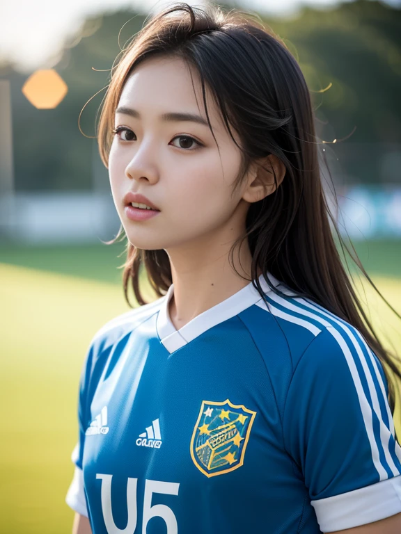 (8K, highest quality, masterpiece: 1.2), (realistic, realistic: 1.37), Super detailed, highest quality, ultra high resolution, professional lighting, photon mapping, radio city, Physically based rendering, cinematic lighting , soccer goals, Depth of bounds written, concentrated, Light of the sun, good composition, (Bokeh: 1.2), 1 girl, (whole body), (closed mouth), beautiful eyes, Pause, narrow, Soccer Uniforms,black hair , messy hair, Long hair fluttering in the wind,(Ulzzang-6500:1.2) mix 4, hiqcgbody,shoot,dribble,Running、Beautiful foam、Uplifting、wipe sweat、goalkeeper、