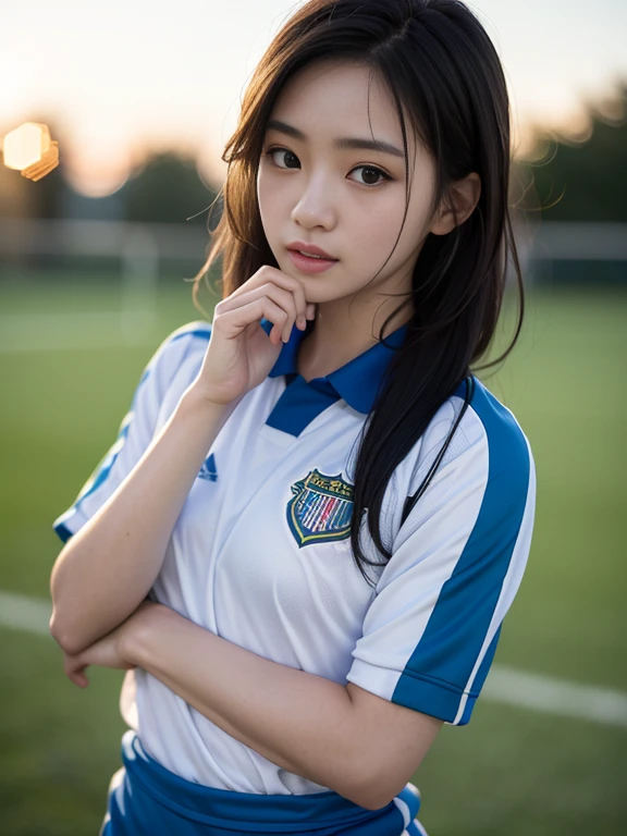 (8K, highest quality, masterpiece: 1.2), (realistic, realistic: 1.37), Super detailed, highest quality, ultra high resolution, professional lighting, photon mapping, radio city, Physically based rendering, cinematic lighting , soccer goals, Depth of bounds written, concentrated, Light of the sun, good composition, (Bokeh: 1.2), 1 girl, (whole body), (closed mouth), beautiful eyes, Pause, narrow, Soccer Uniforms,black hair , messy hair, Long hair fluttering in the wind,(Ulzzang-6500:1.2) mix 4, hiqcgbody,shoot,dribble,Running、Beautiful foam、Uplifting、wipe sweat、goalkeeper、