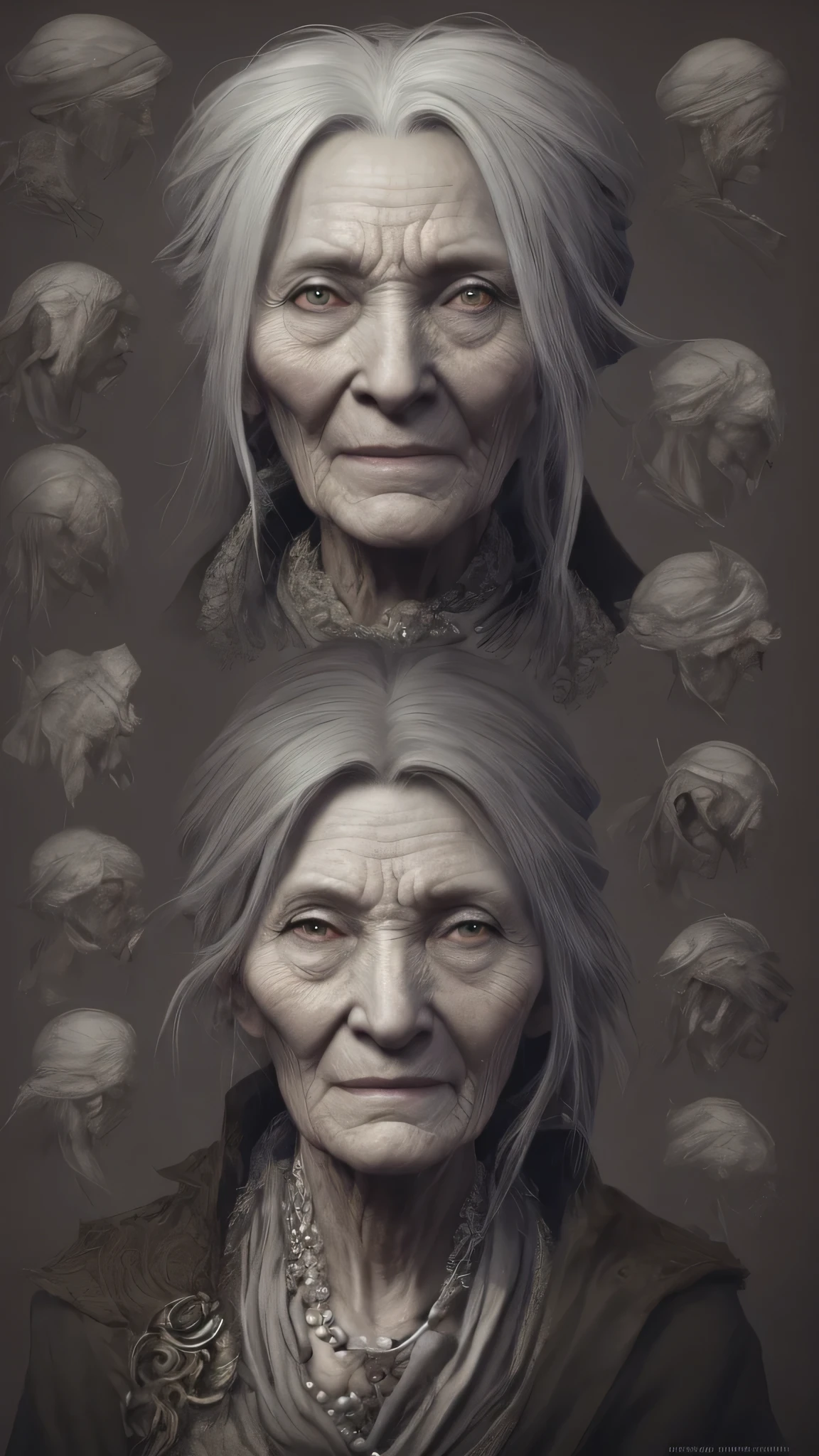 “Wizened old female fortuneteller, head, close up character design, multiple concept designs, concept design sheet, white background, style of Yoshitaka Amano”.