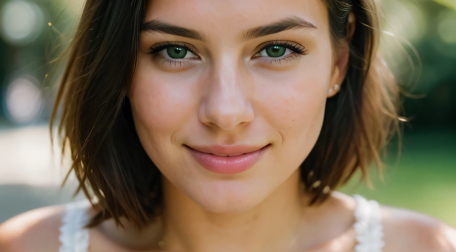 nice smile, beautiful european model, Close-up shot of only the face, 1 Girl with a beautiful face, Beautiful woman with a smile, (table top, highest quality, High resolution:1.4), 1 girl, Texture of skin pores, photograph, movie, movie, whole body, realistic, (8K, RAWphotograph, highest quality, table top:1.2), (realistic, photo-realistic:1.33), highest quality, small eyes are green, Natural light, Depth of bounds written, film grain, sharp, detailed and realistic portrait of a woman, stare at the camera, chapped lips, soft Natural light, のポートレートphotograph, 魔法のphotograph撮影, dramatic lighting, photorealism, super detailed, intimate portrait composition, Leica 50mm, short hair