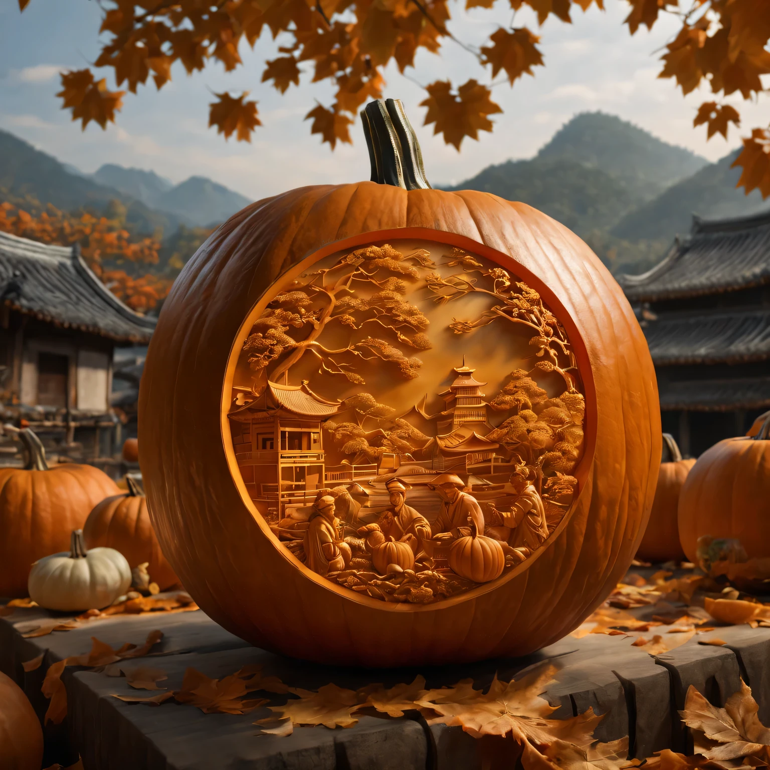 (best quality,4K,8k,high resolution,masterpiece:1.2),Super detailed,(actual,photoactual,photo-actual:1.37),Carving a Chinese pastoral scene on a pumpkin,close to the camera,in the center of the screen,