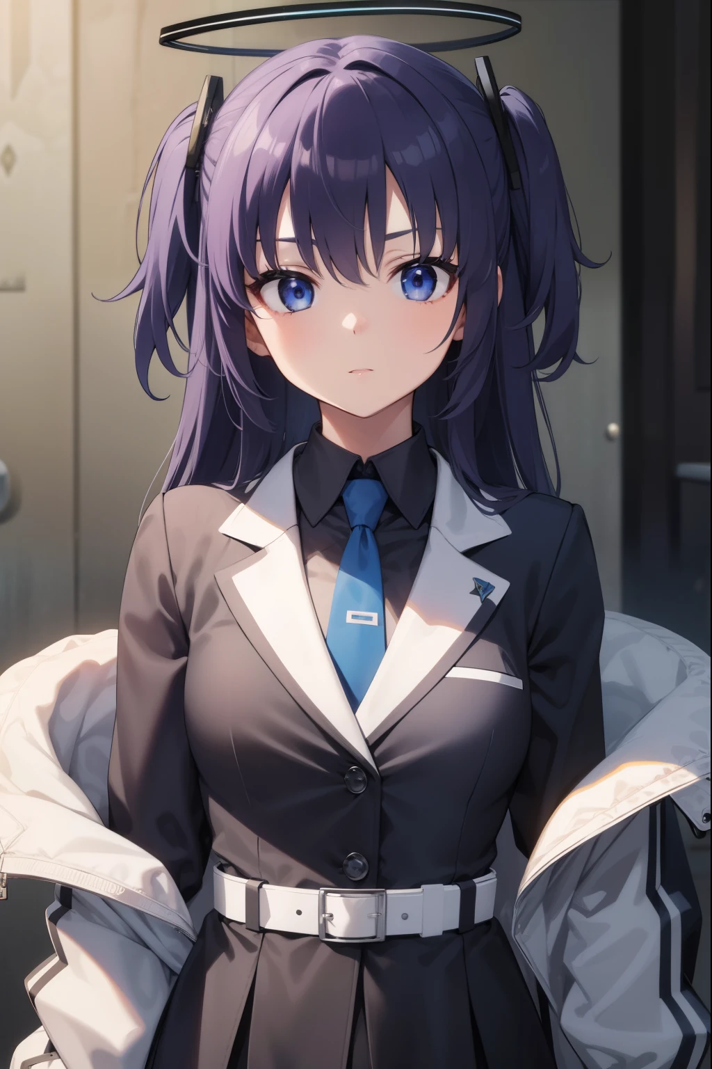 bluearchiveyuuka, yuuka, blue eyes, halo, purple hair, two side up, long hair,
BREAK belt, black gloves, black jacket, black skirt, blue necktie, gloves, halo, jacket, necktie, off shoulder, skirt, two-sided fabric, two-sided jacket, white belt, (white jacket:1.5),
BREAK looking at viewer, 
BREAK outdoors,
BREAK (masterpiece:1.2), best quality, high resolution, unity 8k wallpaper, (illustration:0.8), (beautiful detailed eyes:1.6), extremely detailed face, perfect lighting, extremely detailed CG, (perfect hands, perfect anatomy),