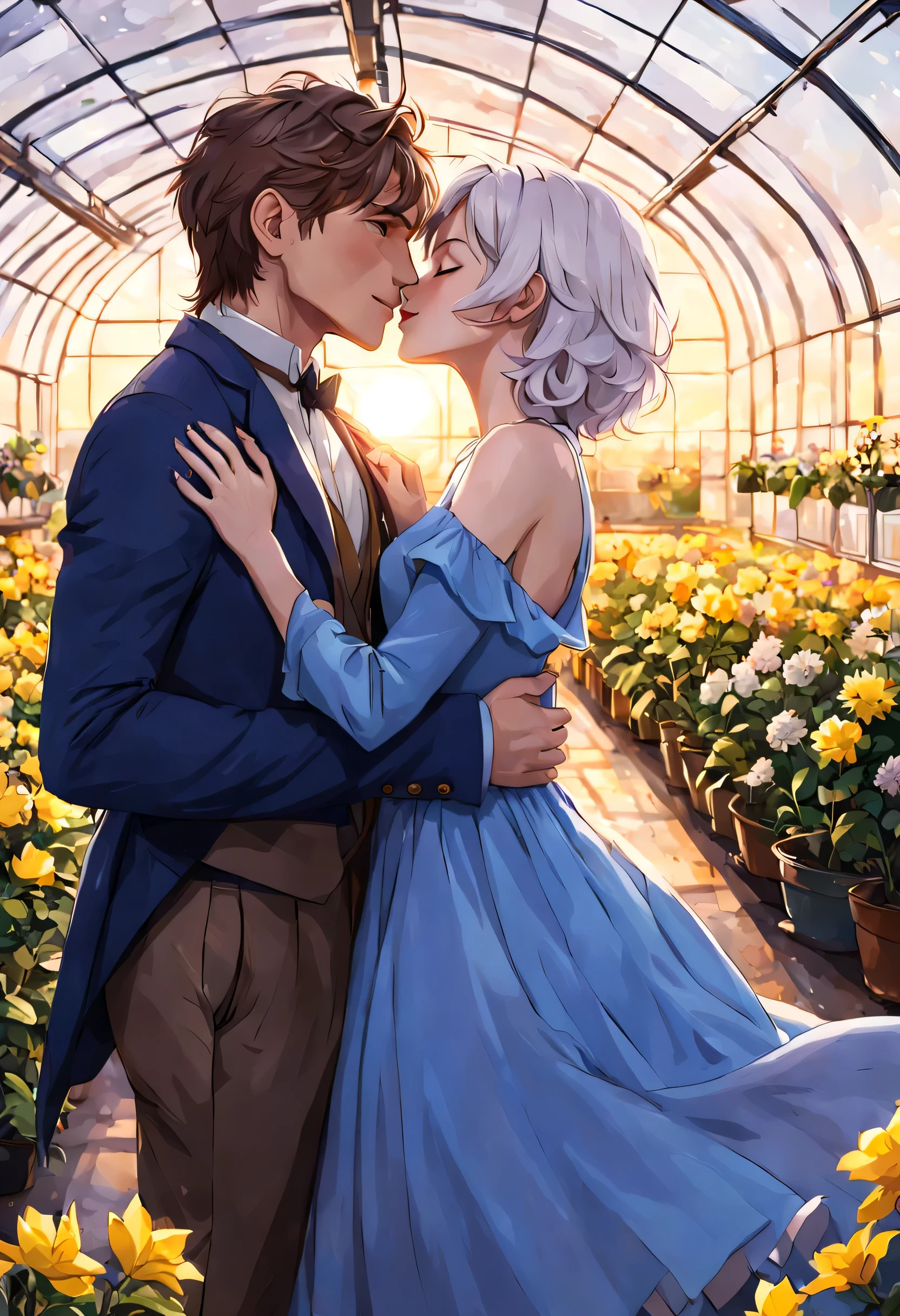 Eddie Redmayne as Newt Scamander with brown hair and freckles hugs a beautiful lady with white hair and lilac tips. Her hair reaches her shoulders and she is wearing a blue dress. They both look totally in love, about to kiss. It's a romantic scene at sunset on a greenhouse with yellow flowers