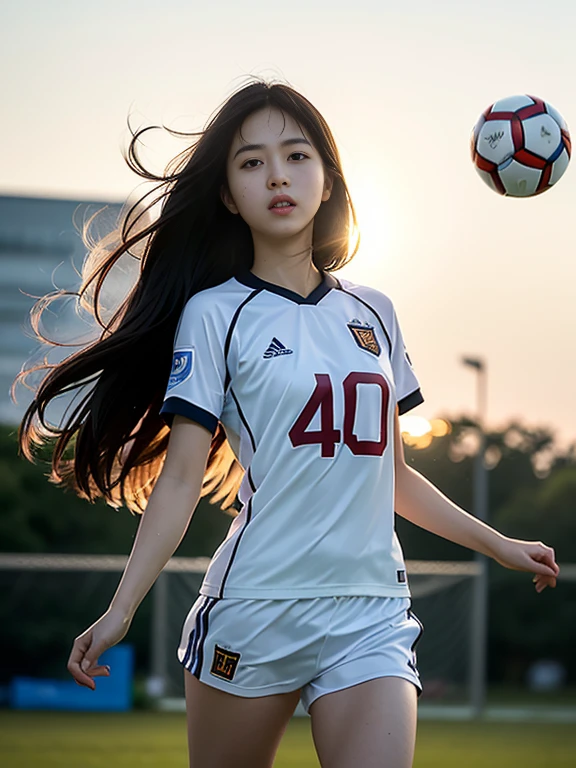 (8K, highest quality, masterpiece: 1.2), (realistic, realistic: 1.37), Super detailed, highest quality, ultra high resolution, professional lighting, photon mapping, radio city, Physically based rendering, cinematic lighting , goalpost, Depth of bounds written, concentrated, Light of the sun, good composition, (Bokeh: 1.2), 1 girl, (whole body), (closed mouth), beautiful eyes, Soccer Uniforms,black hair , messy hair, Long hair fluttering in the wind,(Ulzzang-6500:1.2) mix 4, hiqcgbody,shoot,Running、jump、 Catch the ball、Uplifting、Sweat scatters、goalkeeper、