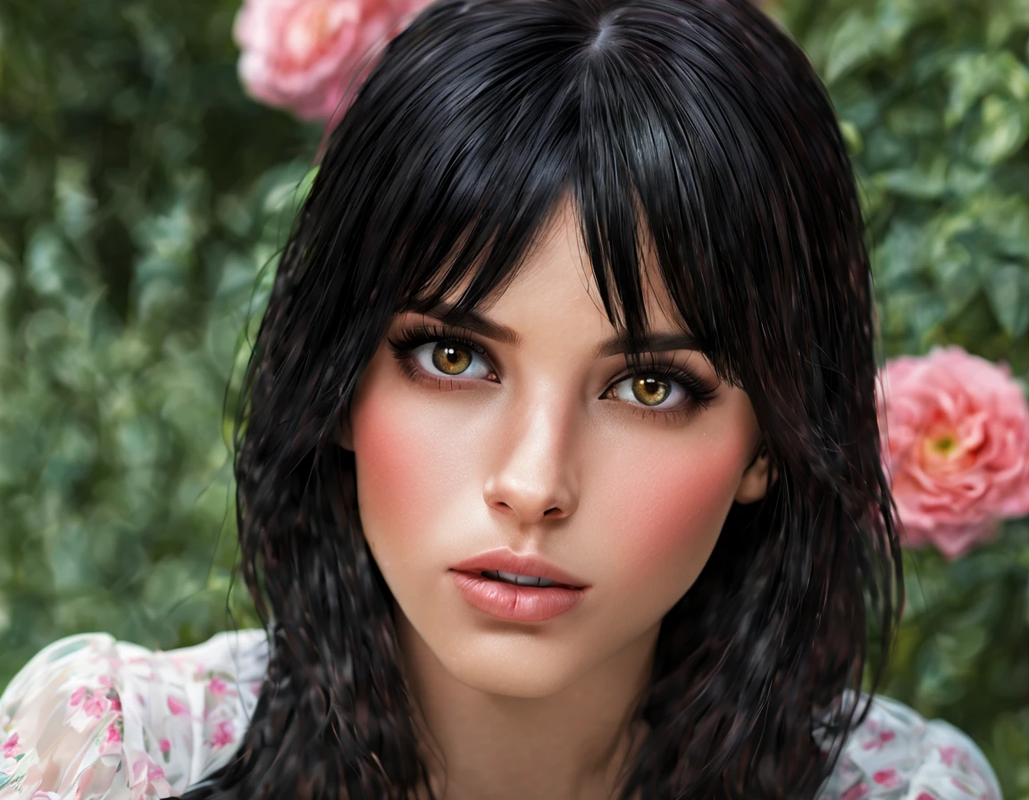 realistic, 1 girl, black hair, dark brown eyes, bright eyes, split your lips, blush, cute, garden, Day, flowers.