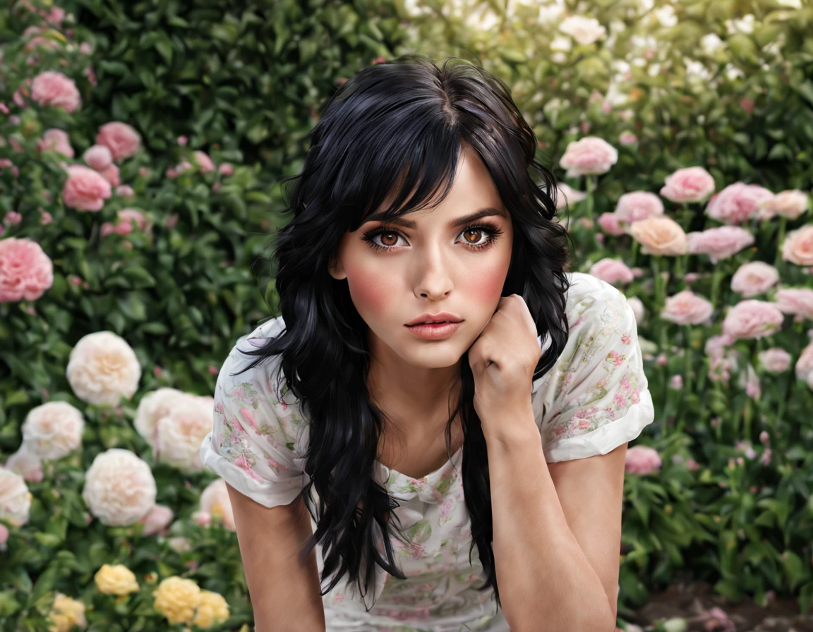 realistic, 1 girl, black hair, dark brown eyes, bright eyes, split your lips, blush, cute, garden, Day, flowers.  