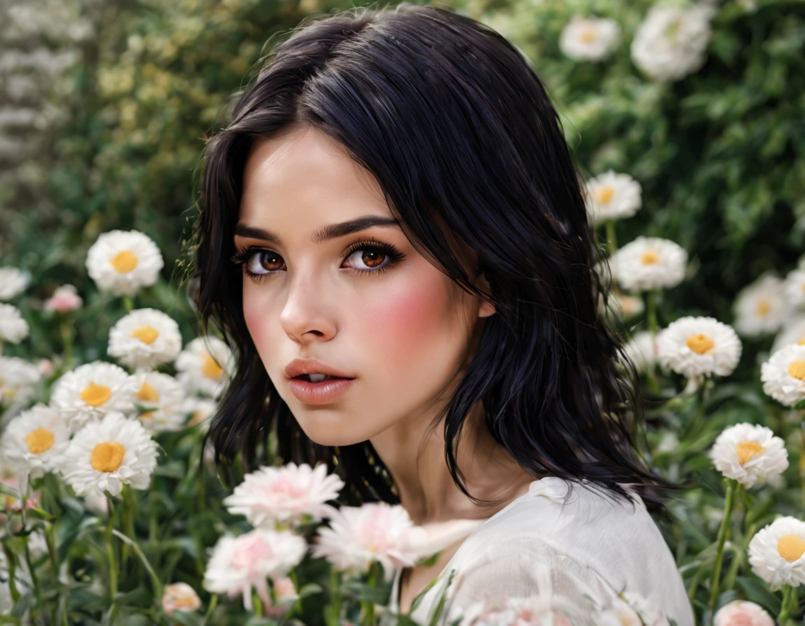 realistic, 1 girl, black hair, dark brown eyes, bright eyes, split your lips, blush, cute, garden, Day, flowers.