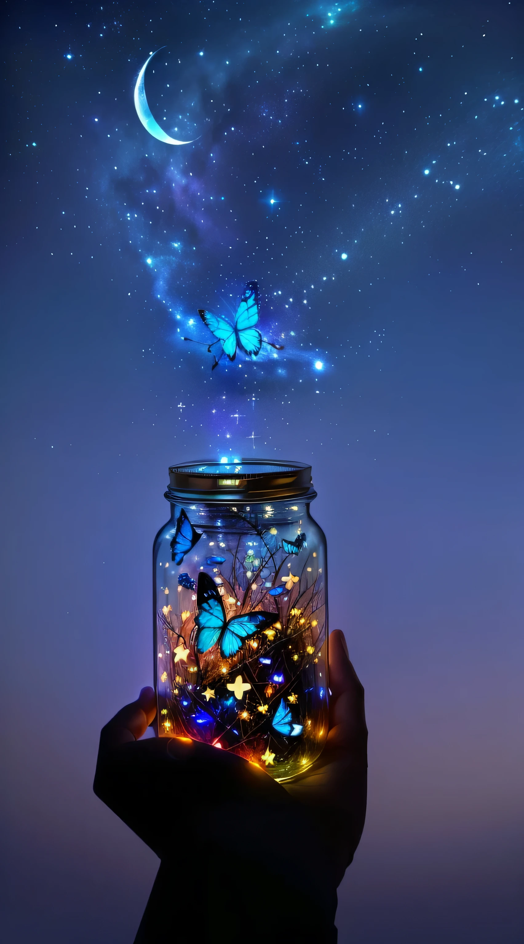 (best quality,4K,8k,high resolution,masterpiece:1.2), shadow jar, Glowing butterfly, Twinkling stars, dream scene, ethereal jar, Dreamy and charming atmosphere, Vivid and charming, butterfly flying in the sky, ethereal light, Cute and elegant, Fireflies and sparkling trails, Magical and whimsical, fairy tale in the air, Fireflies in the air, Incredibly magical and dreamy, Magical dream with a butterfly and a star in a jar.