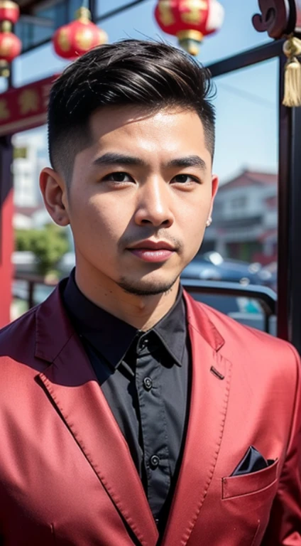 realistic young man age 40 years old, celebrating Chinese New year's, hair styles is undercut dan short
