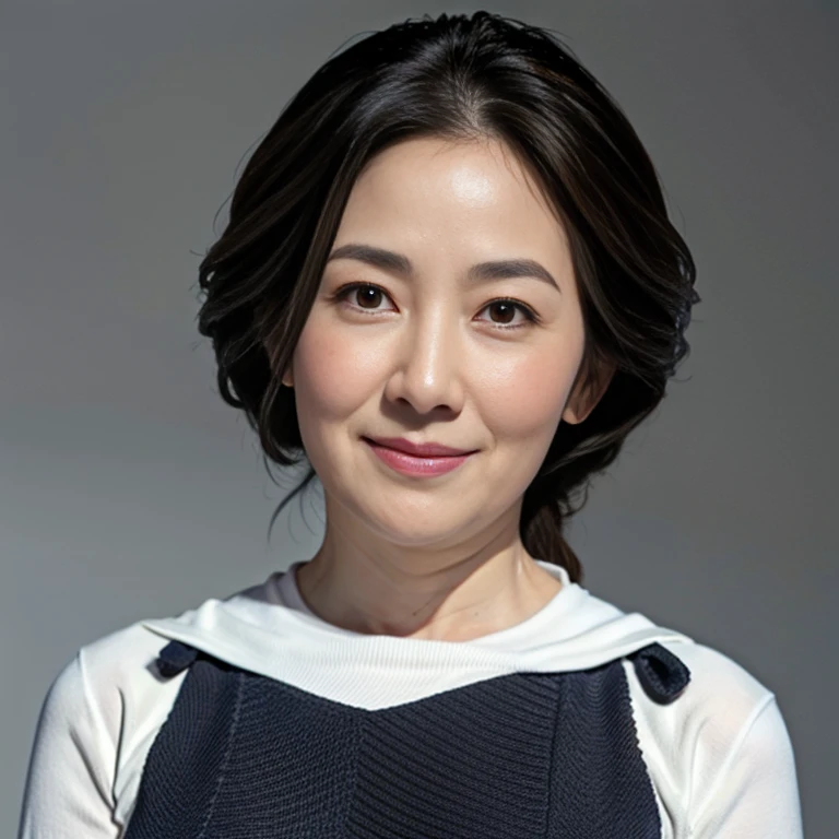 High resolution, High level image quality, high detail, masterpiece, rough skin, anatomically correct, sharp, gray background((japanese mature, 50 years old)), solo, ((facial wrinkles)), good shape big breasts, Straight light brown hair that reaches to the shoulders, Chubby body type (((Stand upright, facing the center of the screen.))), Close your mouth and look straight ahead with a serious face, sweater, skirt, ((cowboy shot)),
