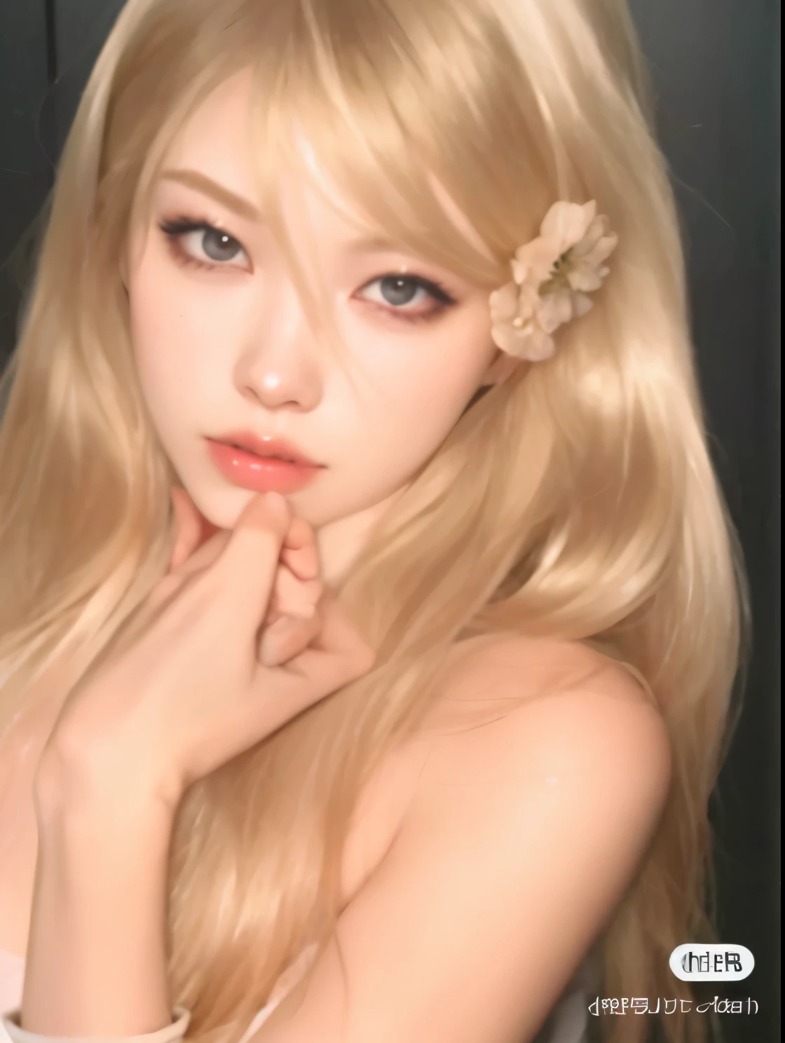loira com cabelo longo e uma flor em seu cabelo, fair and pale skin!!, pale porcelain white skin, portrait of japanese gyaru, longos cabelos loiros e olhos grandes, cabelo loiro extremamente claro, cabelo loiro muito claro, boneca articulada, pale beautiful skin, com longos cabelos loiros, pale thin lips, pale milky white porcelain skin, extremely pale white skin