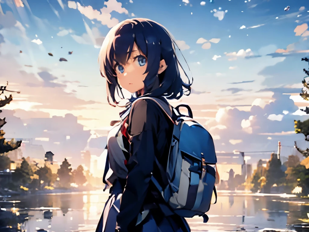 highest quality,pixiv,cozy animation scene, school uniform、white blouse、girl、high school、landscape、walk、anime style、whole body、bob、whole body、cute、rucksack、walk、Overall view、navy blue skirt、clear eyes、Black blouse、blue sky、universe、nature、wood、leaf、Fresh、youth、Fresh eyes、high resolution、delicate、look back、Light