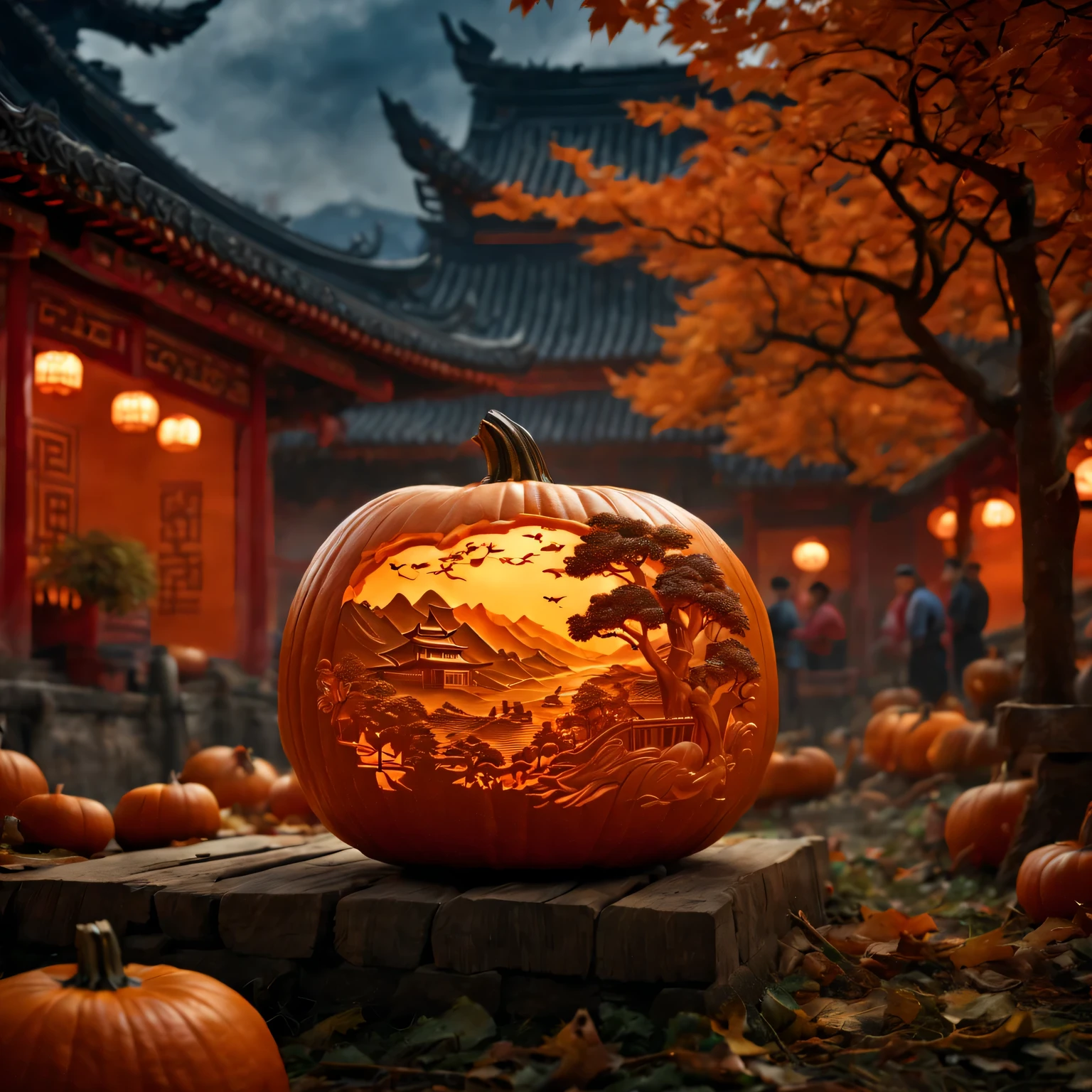 (best quality,4K,8k,high resolution,masterpiece:1.2),Super detailed,(actual,photoactual,photo-actual:1.37),Carving a Chinese pastoral scene on a pumpkin,close to the camera,in the center of the screen,A harmonious blend of warm and cool colors,