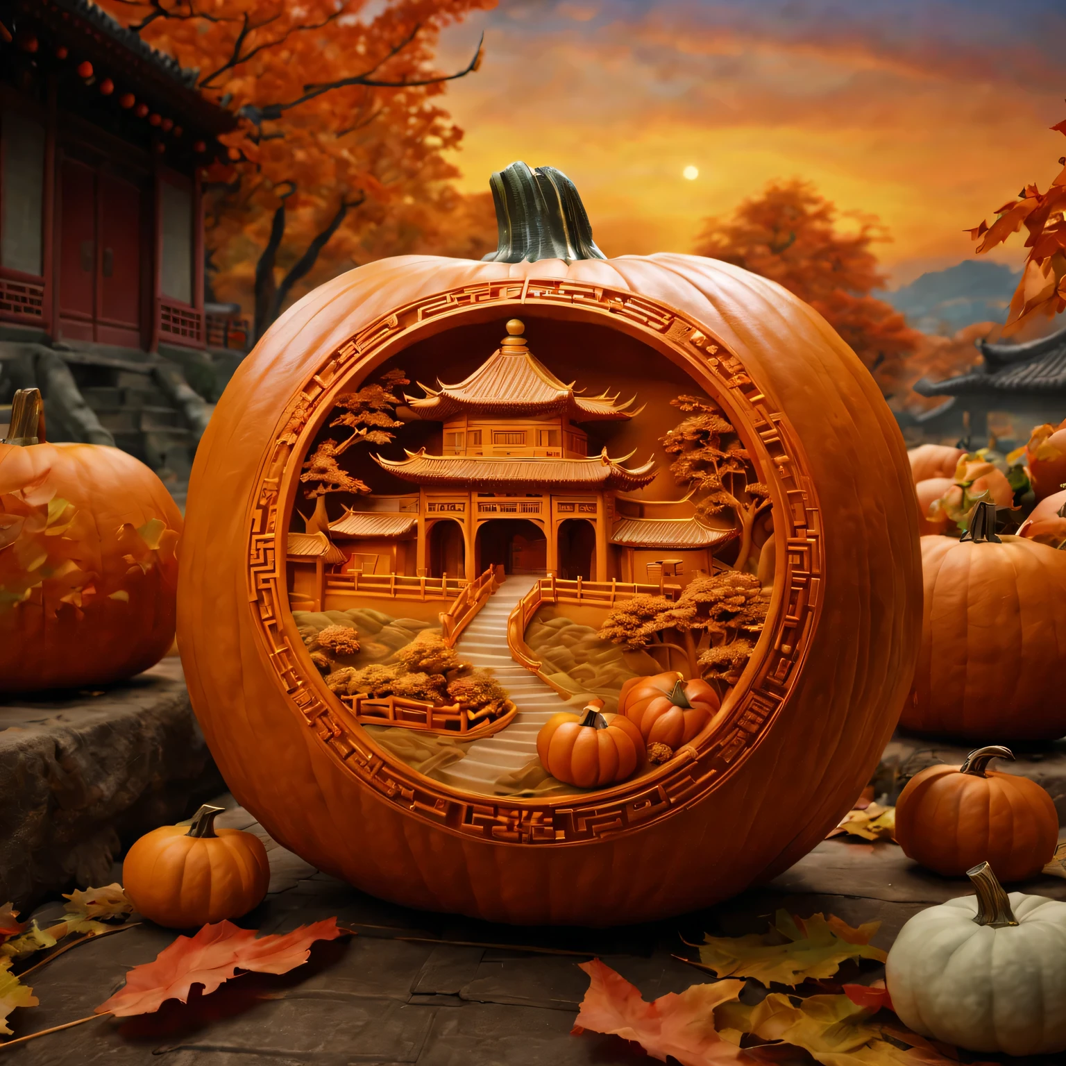 (best quality,4K,8k,high resolution,masterpiece:1.2),Super detailed,(actual,photoactual,photo-actual:1.37),Carving a Chinese pastoral scene on a pumpkin,close to the camera,in the center of the screen,A harmonious blend of warm and cool colors,