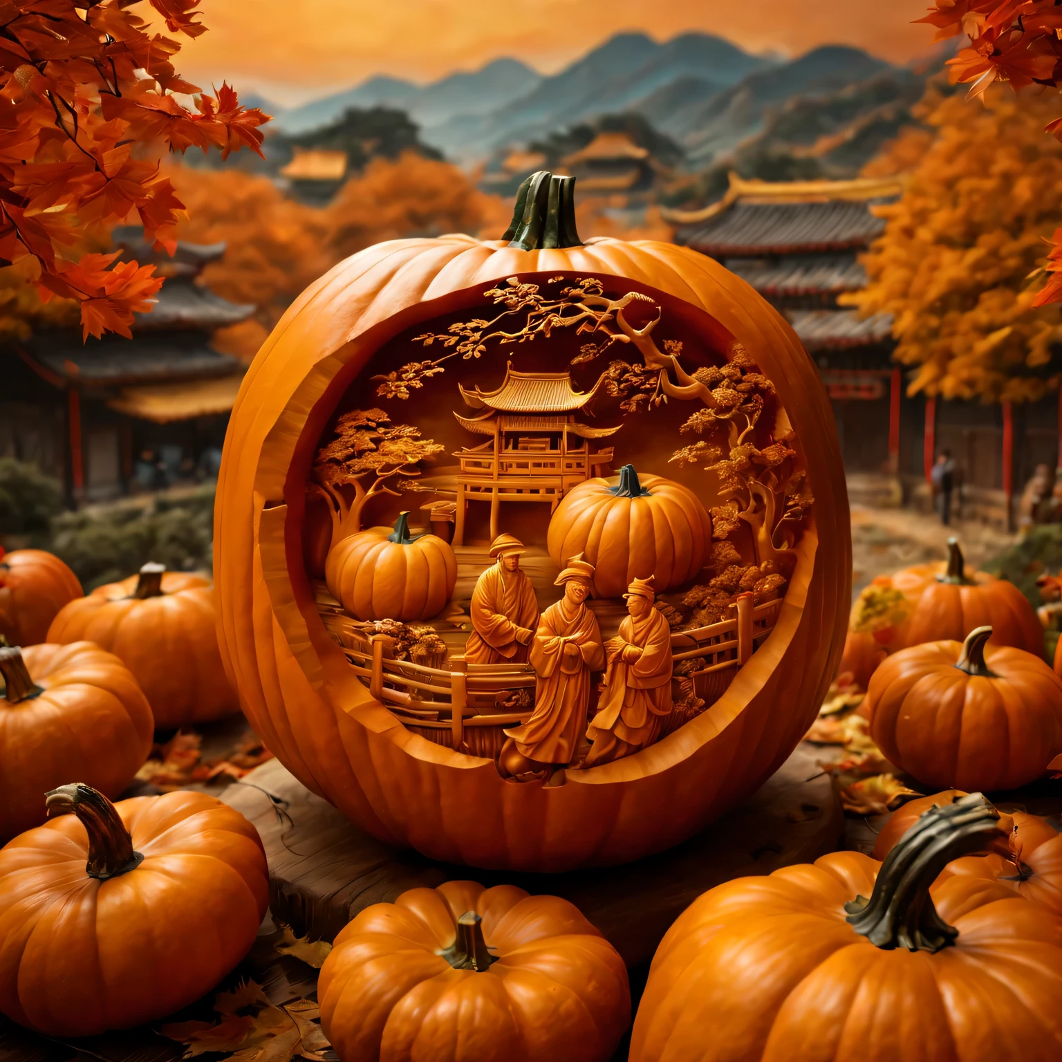 (best quality,4K,8k,high resolution,masterpiece:1.2),Super detailed,(actual,photoactual,photo-actual:1.37),Carving a Chinese pastoral scene on a pumpkin,close to the camera,in the center of the screen,A harmonious blend of warm and cool colors,
