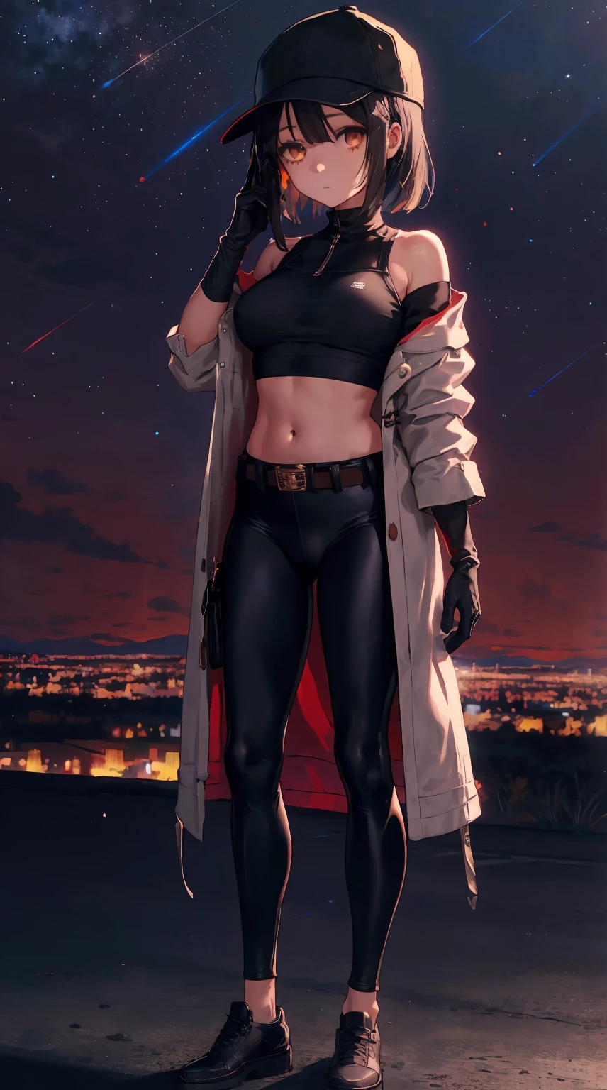 1girl, (Miyu Edelfelt),****,cameltoe,black hair,brown eyes,expressionless,gigantic_breasts,nipple,adjusting clothes ,adjusting headwear, ass visible through thighs ,bare shoulders ,baseball cap ,belt ,black belt ,black gloves ,as109,black headwear,black pants,black shirt ,city ,city lights,coat ,cowboy shot,crop top,gloves ,leggings,knife ,leggings,long sleeves,midriff,navel,night,night sky ,off shoulder,open clothes ,open coat ,outdoors ,pants ,sky,standing ,stomach ,thigh